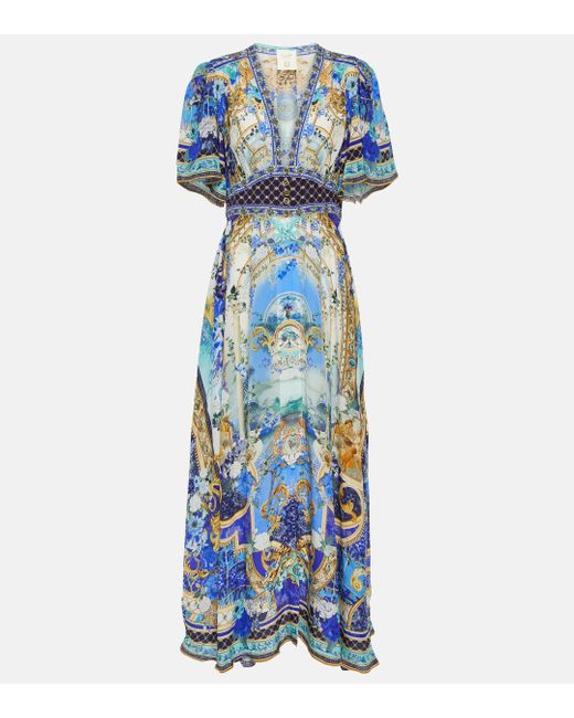 Camilla Blue Embellished Floral Silk Maxi Dress