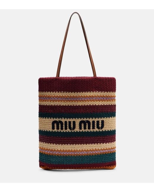 Miu Miu Red Woven Raffia-Effect Shopper