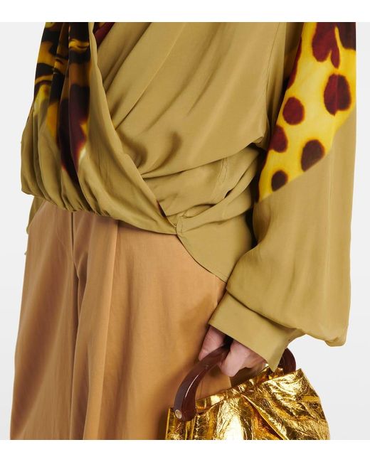Dries Van Noten Yellow Printed Draped Satin Blouse