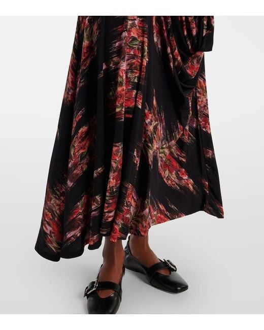 Ganni Red Floral Ruched Jersey Maxi Dress