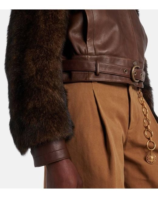 Chloé Brown Cropped Shearling-Trimmed Leather Jacket