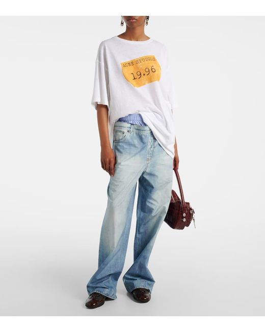 Camiseta En Mezcla De Jersey Con Logo Acne de color White