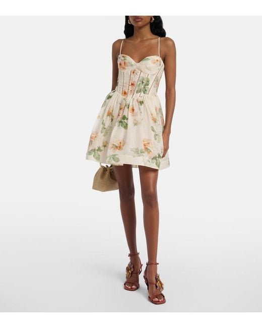 Zimmermann Natural Carousel Floral Silk And Linen Bustier Dress