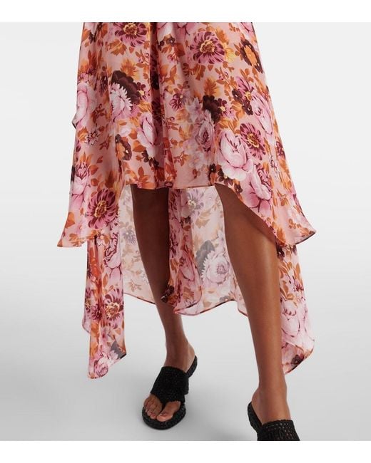 Chloé Red Asymmetric Floral Silk Midi Skirt