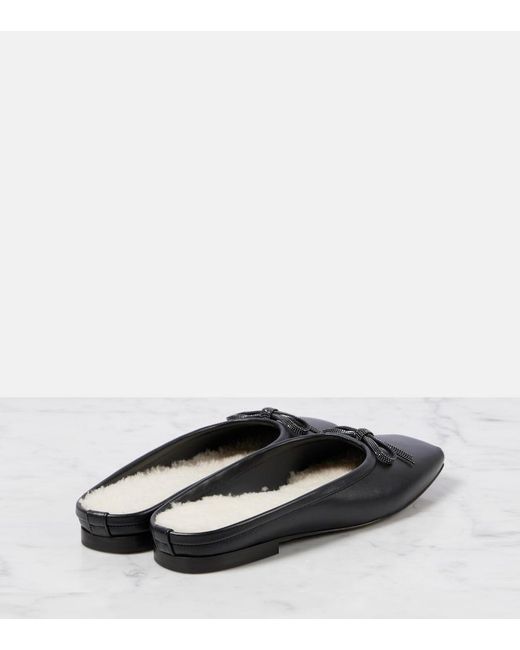 Brunello Cucinelli Black Monili Shearling-Lined Leather Mules