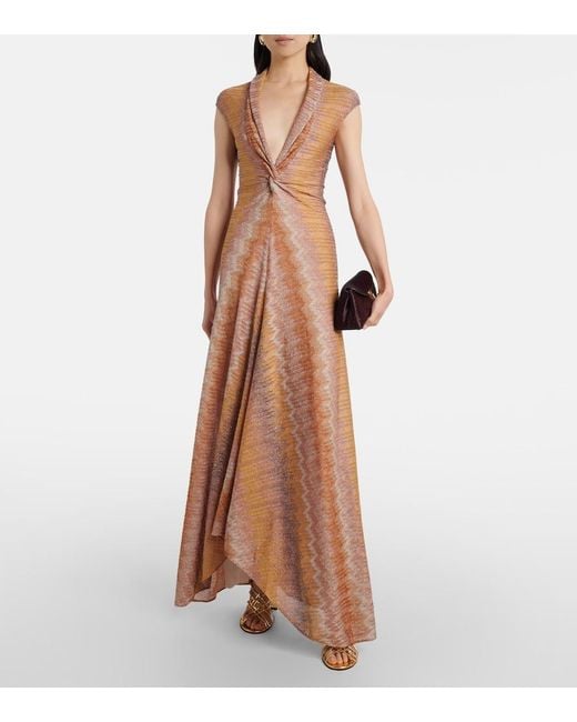 Missoni Brown Gathered Asymmetric Lame Maxi Dress
