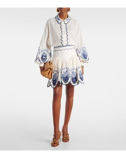 Agua Bendita Blue Acai Embroidered Floral Linen Miniskirt