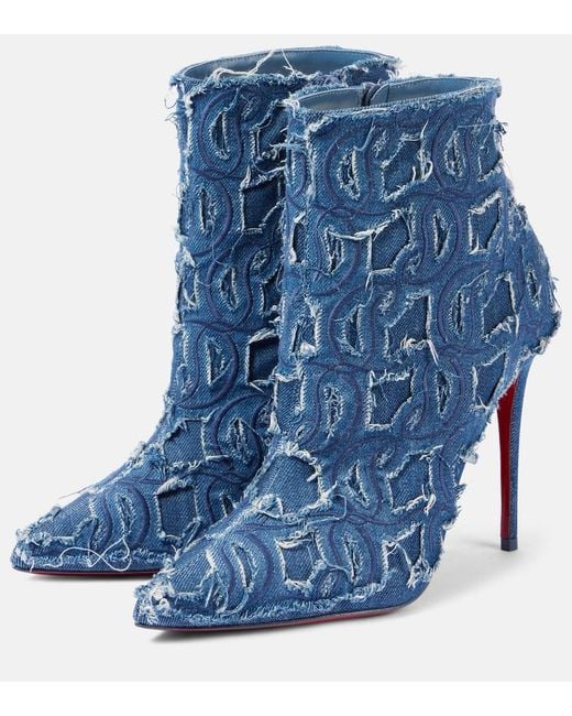 Christian Louboutin Blue So Kate 100 Embroidered Distressed Denim Ankle Boots