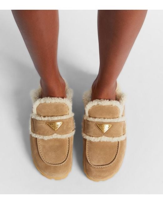 Prada Natural Shearling-Lined Suede Mules