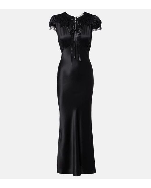 Rodarte Black Lace-Trimmed Silk Satin Maxi Dress