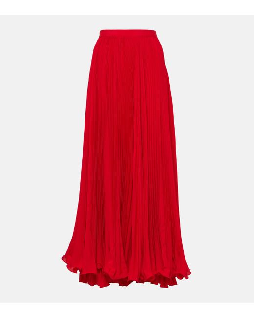 Balmain Red Pleated Crepe Maxi Skirt