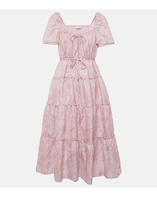 Ganni Pink Textured Cloqué Tiered Maxi Dress