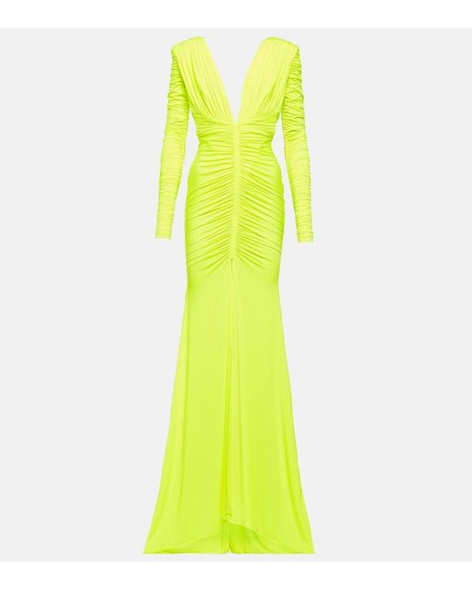 Alex Perry Yellow Ruched Satin Gown