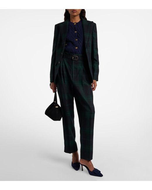 Polo Ralph Lauren Blue Belted Checked High-Rise Wool Tapered Pants