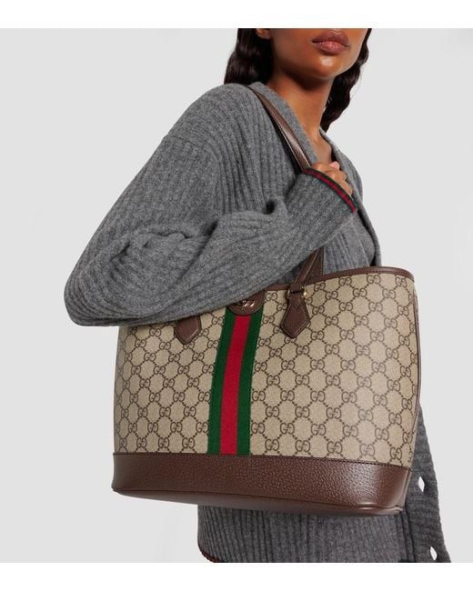Gucci Brown 'Ophidia' Shopper With All-Over Gg Motif And Metallic Logo On The Front