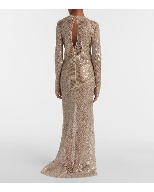 Brunello Cucinelli Natural Paillette Net Knit Long-Sleeve Maxi Dress