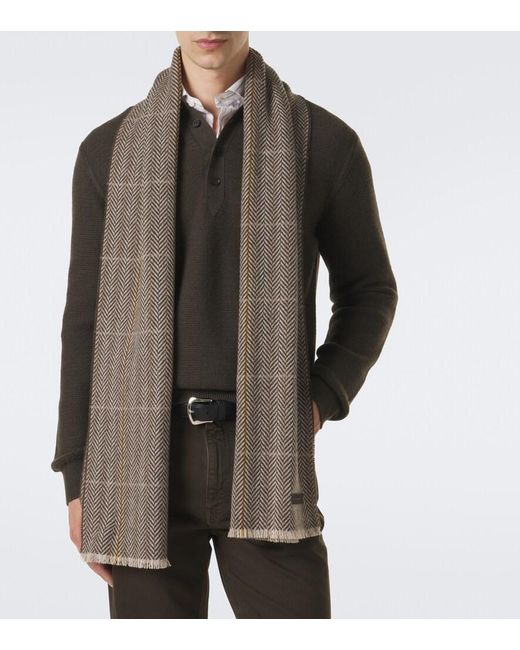 Zegna Brown Herringbone Cashmere Scarf for men