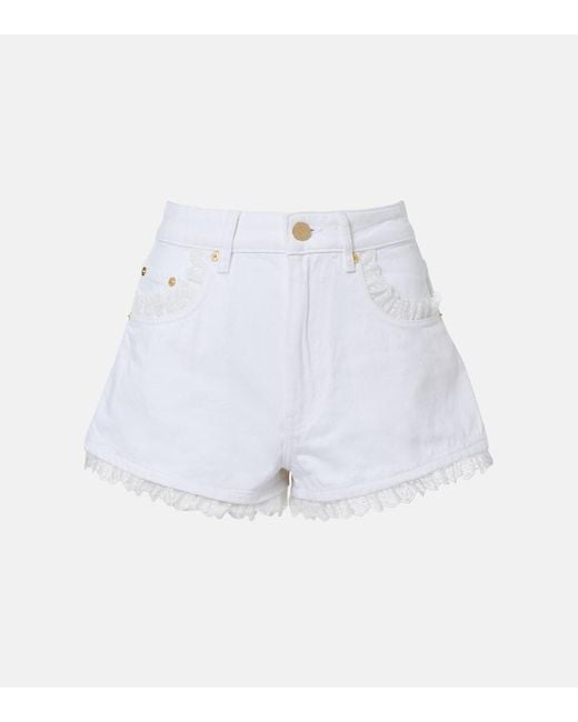 Ganni White Lace-Trimmed Denim Shorts
