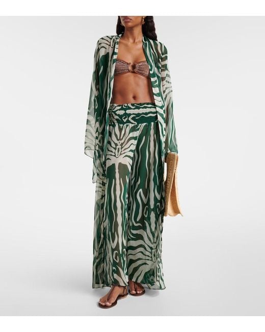 Johanna Ortiz Green Printed Sheer Wide-Leg Pants
