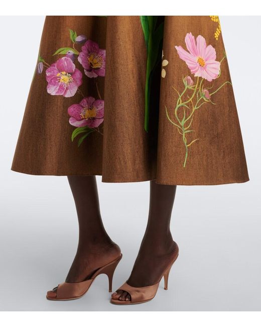 Oscar de la Renta Brown Floral Cotton-Blend Midi Skirt