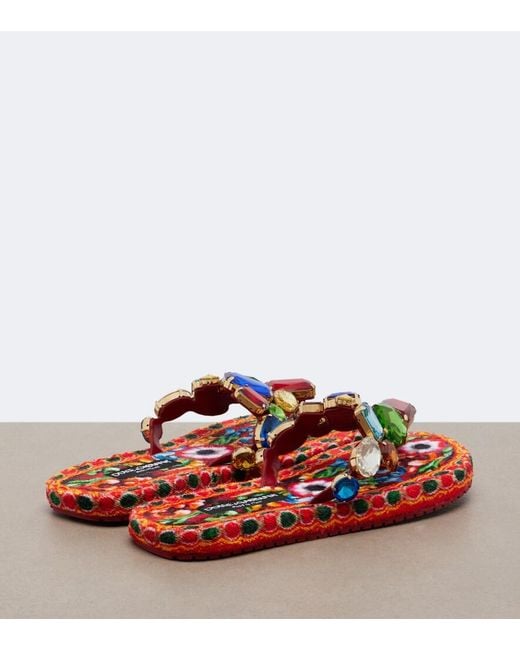 Dolce & Gabbana Red Embellished Leather Thong Sandals