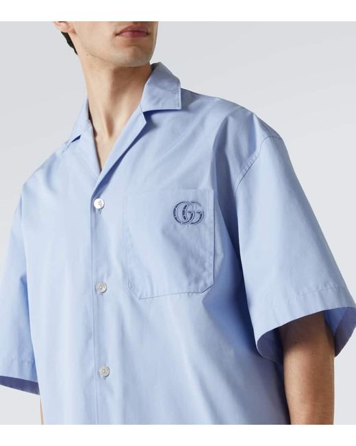 Gucci Blue Double G Cotton Poplin Bowling Shirt for men