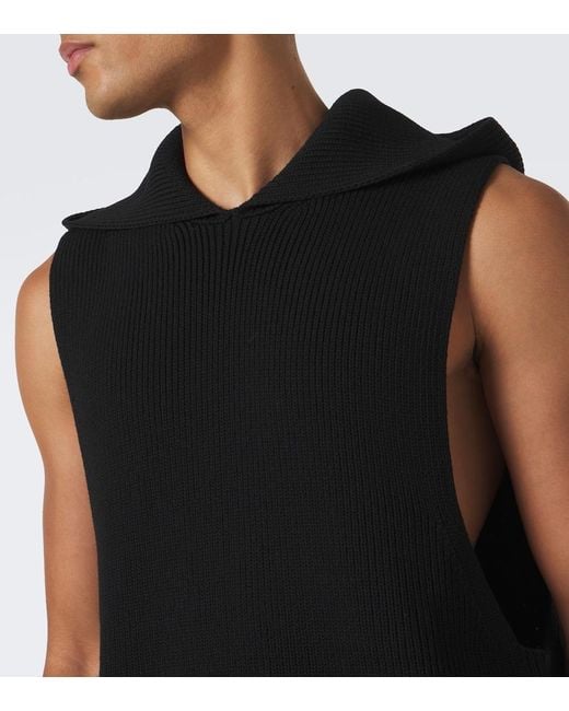 Rick Owens Black Hooded Ribbed-Knit Virgin Wool Tank Top for men