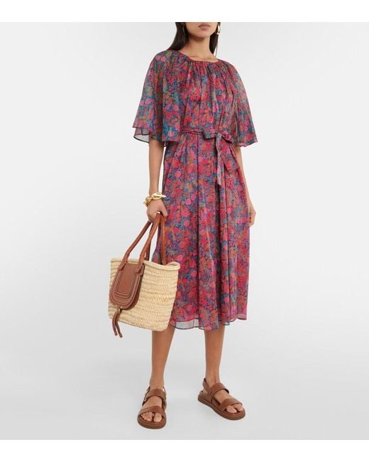 Eres Red Daisy Floral Cotton Midi Dress