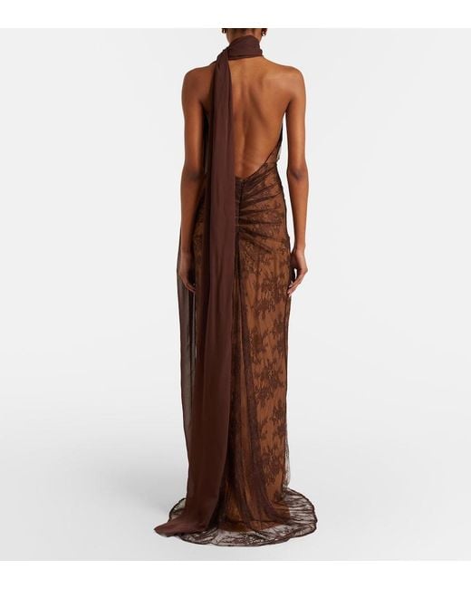 De La Vali Brown Amora Scarf-Detail Ruched Lace Maxi Dress