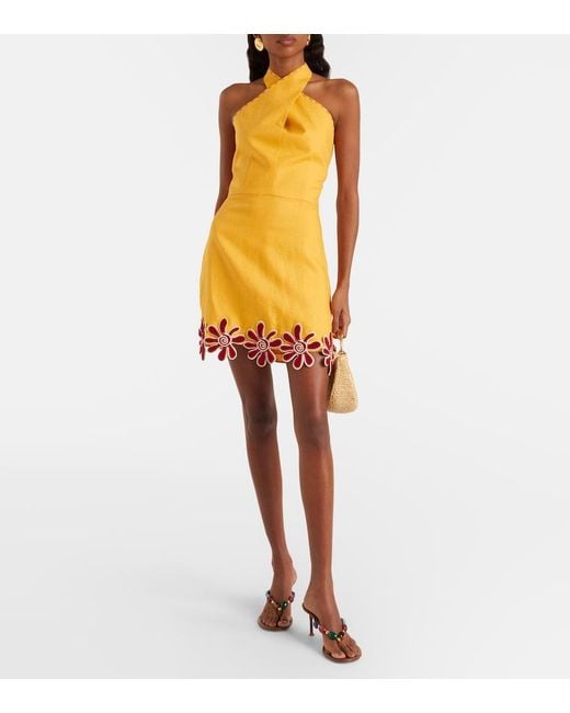 Cala De La Cruz Yellow Veneta Floral-Applique Linen Minidress