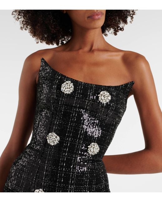 Balmain Black Strapless Embellished Sequined Metallic Tweed Gown