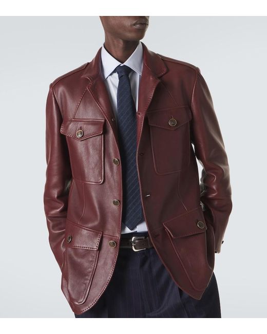 Brunello Cucinelli Red Leather Field Jacket for men