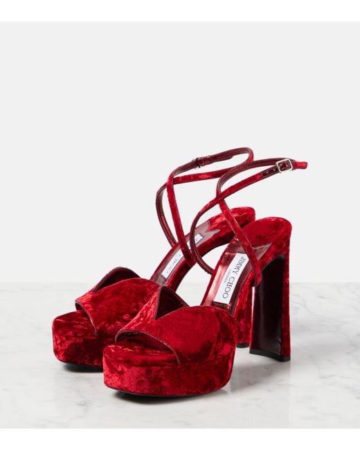 Jimmy Choo Red Karli 125 Velvet Platform Sandals