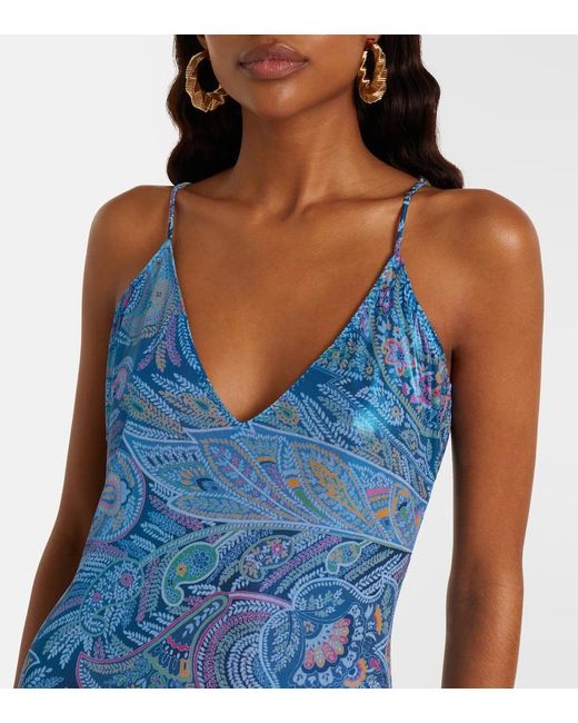 Etro Blue Paisley Asymmetric Ruffled Midi Dress