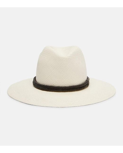 Brunello Cucinelli White Fedora-Hut Aus Stroh Mit Leder