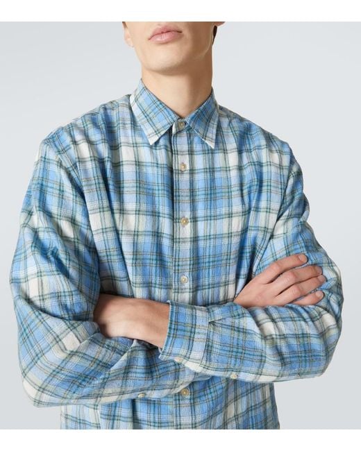 Auralee Blue Airy Checked Wool Shirt for men