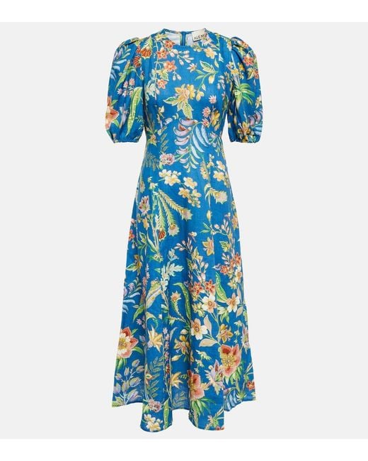 ALÉMAIS Blue June Floral Linen Midi Dress