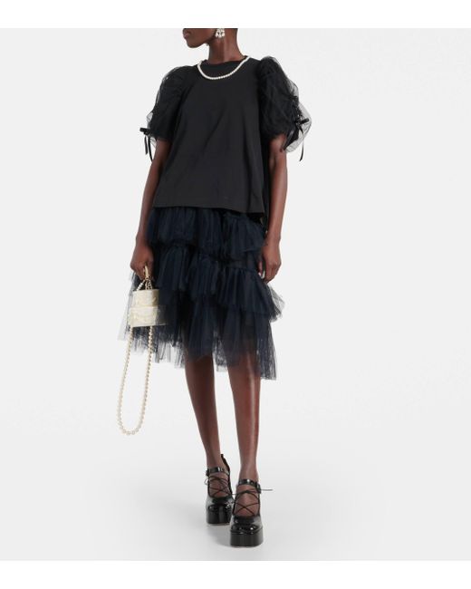 Simone Rocha Black Puff-sleeve Jersey And Tulle Top