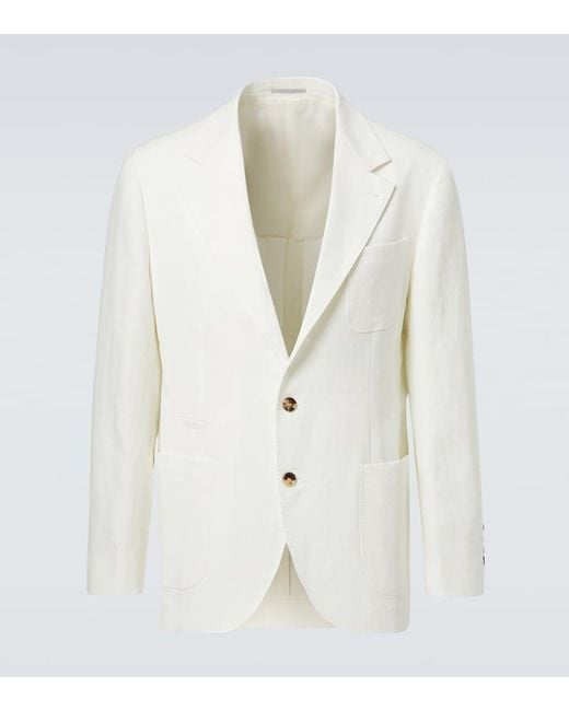 Brunello Cucinelli White Single-Breasted Linen Blazer for men