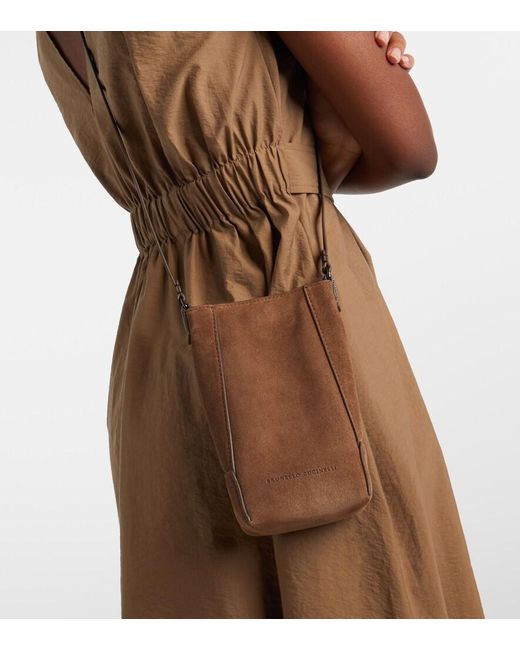 Brunello Cucinelli Brown Duo Mini Monili Suede Phone Pouch