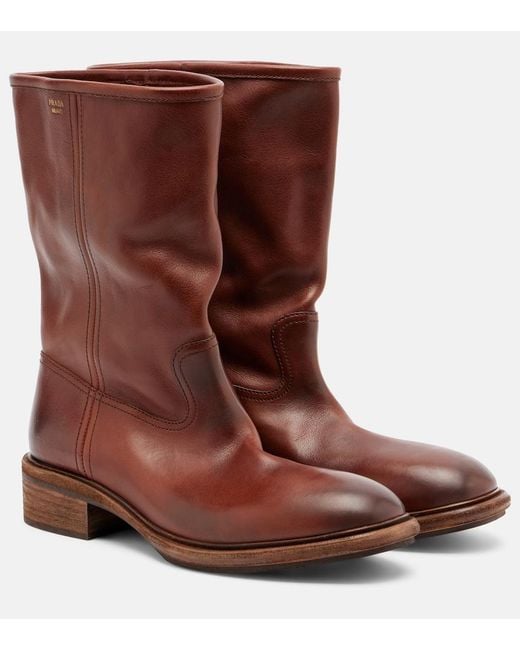 Prada Brown Leather Mid-Calf Boots