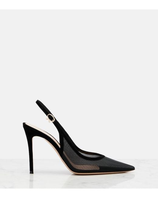 Gianvito Rossi Black Suede-Trimmed Slingback Pumps