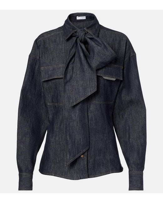 Brunello Cucinelli Blue Bow-Tie Cotton Blouse