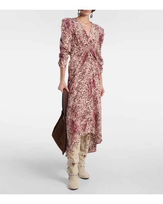 Isabel Marant Purple Deep V-Neck Midi Dress With Puffed Sleeves And Abstract Print
