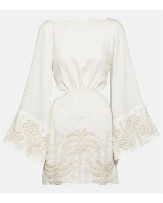 Vestido corto de lino y algodon bordado Johanna Ortiz de color White