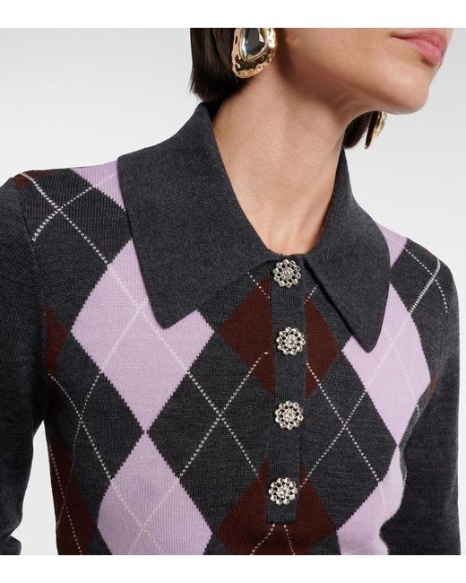 Self-Portrait Black Argyle Wool Polo Sweater