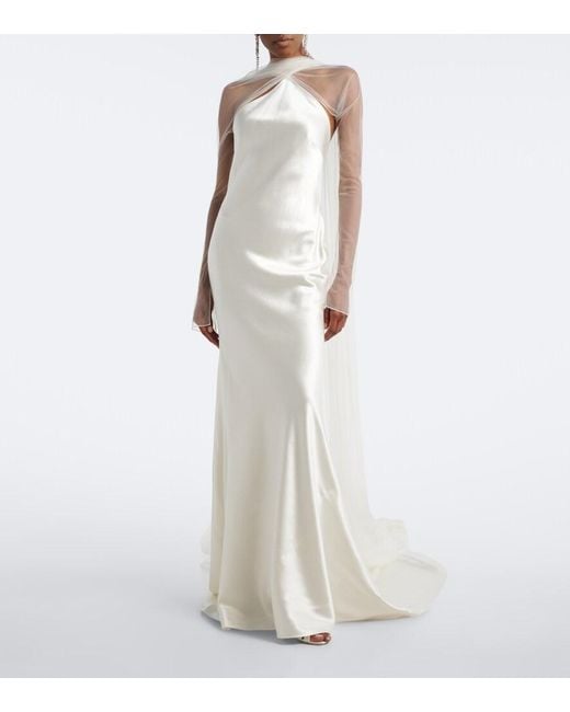 Danielle Frankel White Bridal Mari Caped Wool And Silk Gown