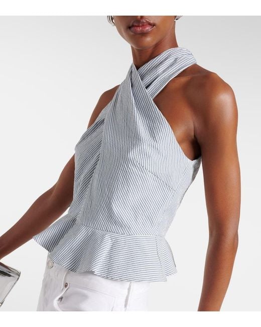 Veronica Beard White Drey Striped Halterneck Cotton Top