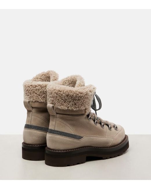 Brunello Cucinelli Gray Shearling-Trimmed Suede Lace-Up Boots