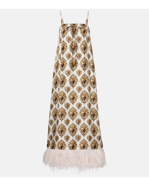 Dolce & Gabbana Natural Feather-Trimmed Printed Silk Maxi Dress